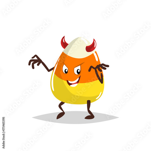 Cartoon candy corn devil costumed character. Halloween humanized sweet symbol for party poster and decoration.