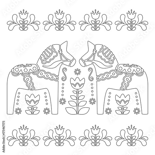 Scandinavian outline vector design, Swedish Dala or Dalecarlian horse pattern, coloring book for adults
