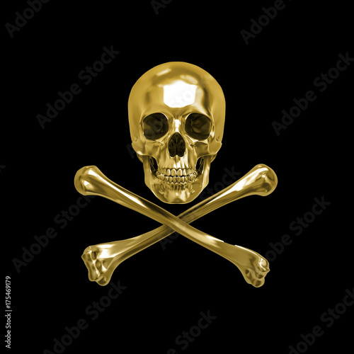 Golden Skull and Crossbones, 3D, Isolated Against a Black Background.