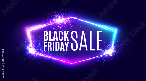 Black friday sale banner on neon background. Holiday shopping sign with flares and sparkles. Night club electric techno frame with explosion, firework and light. 3d discount bokeh vector illustration.