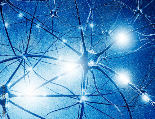 Neuron cells on abstract blue background. 3d illustration
