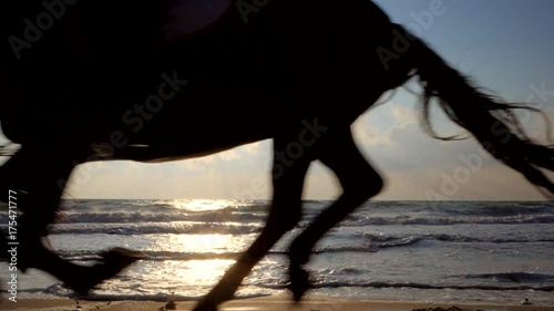 Beautiful young women riding dark horses at sea beach. Enjoying beautiful landscape.Galloping run in sunset or sunrise light and splashing water drops around.Riders running at a gallop.Slow motion. photo