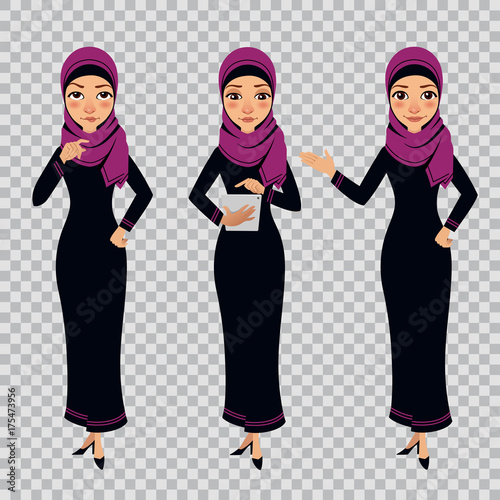 Arab business woman character in different poses on transparent background. Woman is standing and working on tablet.