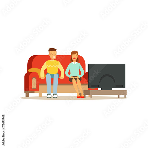 Young man and woman watching tv, people sitting on a sofa in a living room in front of the television screen vector Illustration