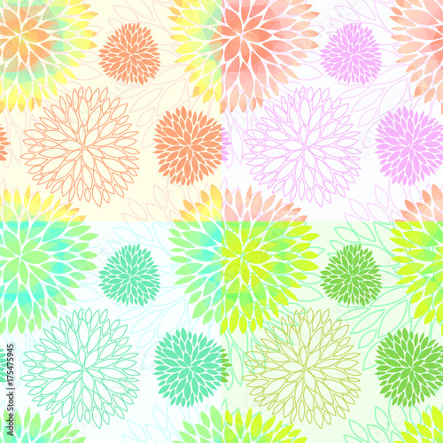 Set of 4 vector seamless abstract floral backgrounds in light gentle colors. Beautiful and creative blossom fabric patterns. Vector EPS10 file.