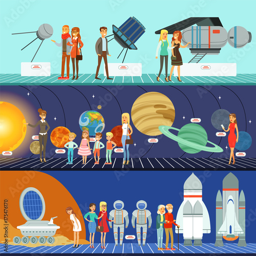 People in the planetarium set, innovation education museum horizontal vector Illustrations
