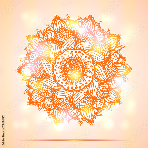 Beautiful diwali present card design.Creative and artistic mandala tattoo design on orange background with shining lights and bokeh effect. Vector EPS10 file.