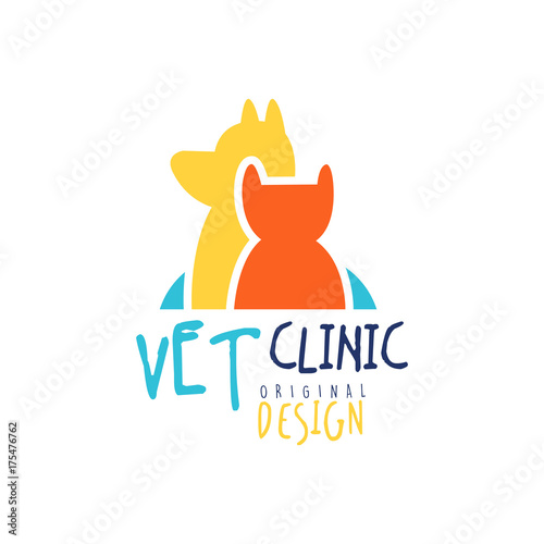 Vet clinic logo template original design, badge with cat and dog, colorful hand drawn