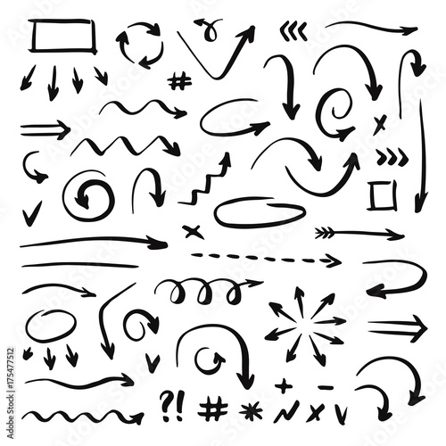 Hand drawn vector arrows set on  white background. Handwriting elements.