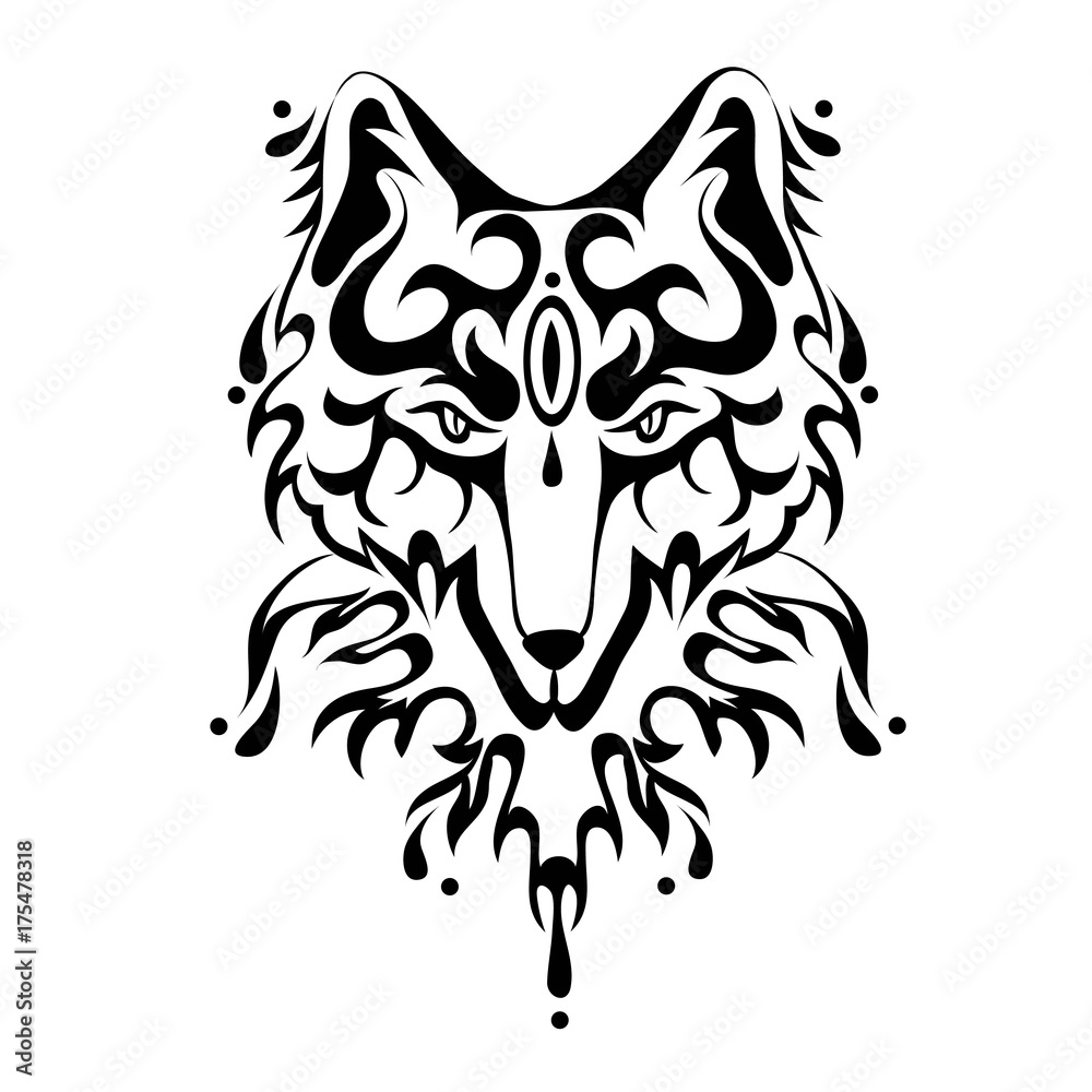 Fototapeta premium Fox or dog face, tattoo in tribal style. Vector illustration, isolated on white background