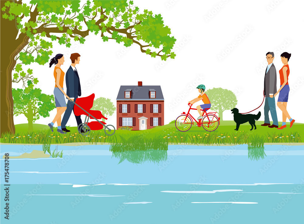 Familien gehen spazieren am See Stock Vector Adobe Stock