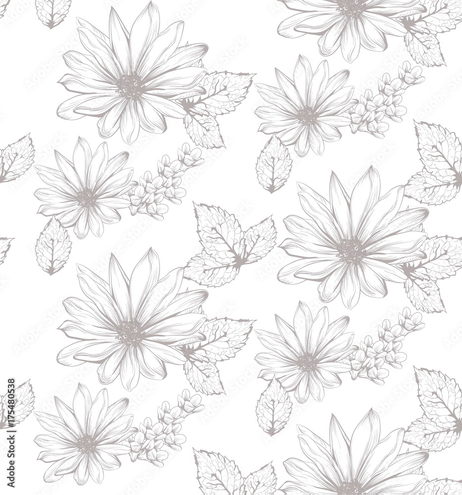 Beautiful flowers Vector illustration. Floral pattern background. Line art hand drawn graphic style illustrations