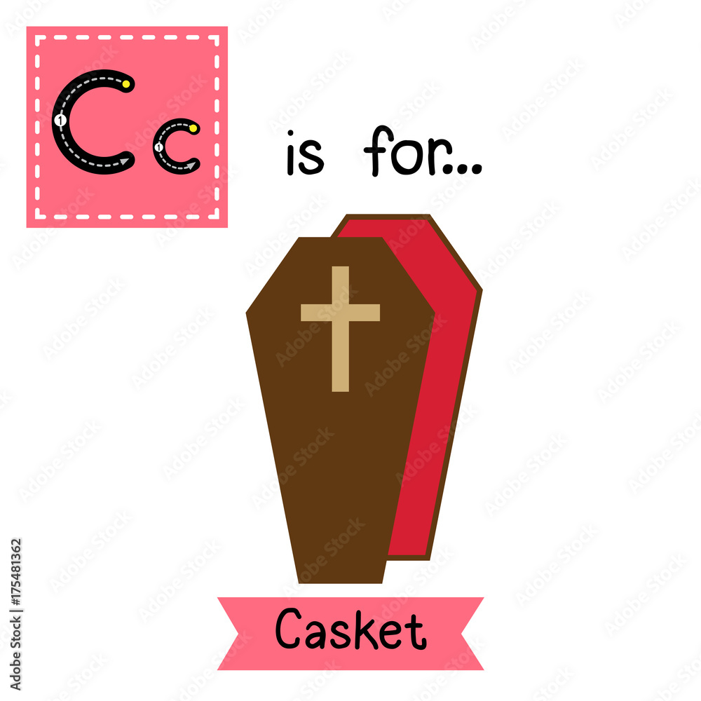 Fototapeta premium Cute children ABC alphabet C letter tracing flashcard of Casket for kids learning English vocabulary in Happy Halloween Day theme.
