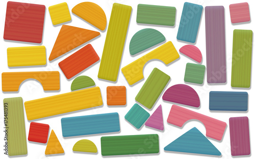 Building toy blocks - colored set, loosely arranged with bricks, roofs, spires, pillars and archs - all parts with wooden texture. Isolated vector illustration on white background.