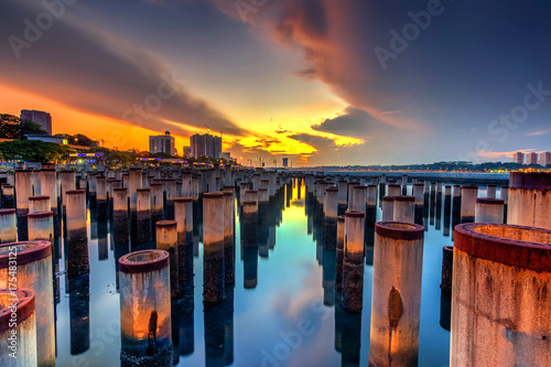 True tilt shift view of abandoned Concrit  poles from fencing in the sea ,waterfront City,Johor Bahru,Malaysia