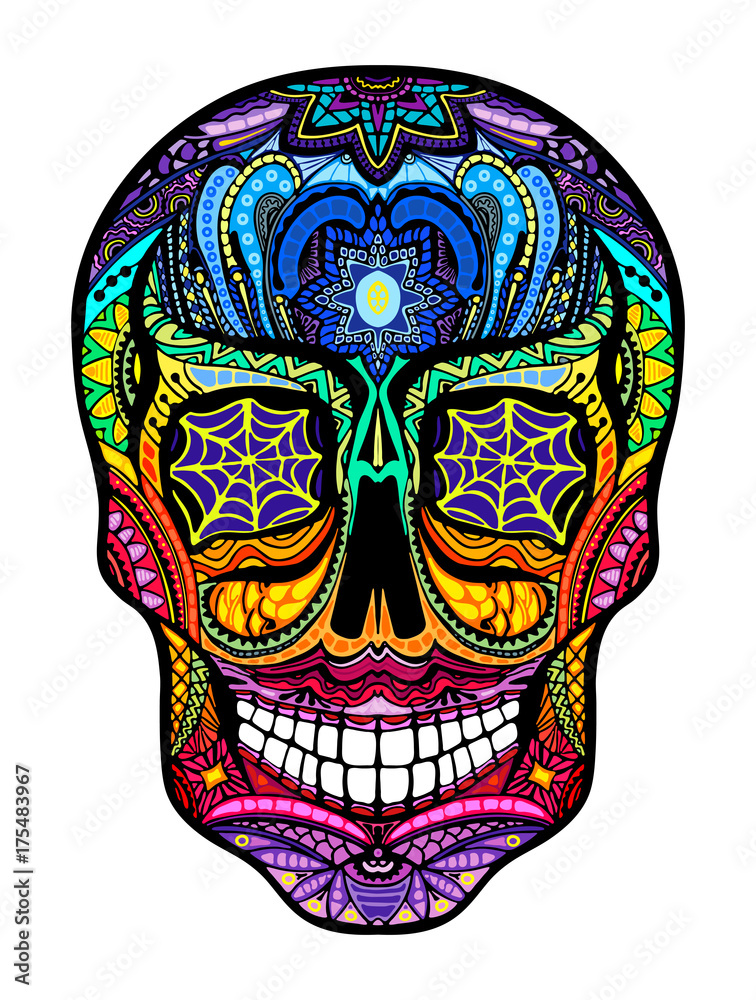 Tattoo colorful skull, black and white illustration on white background ...