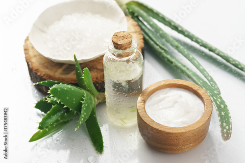 aloe vera and cosmetic inredients on white background
