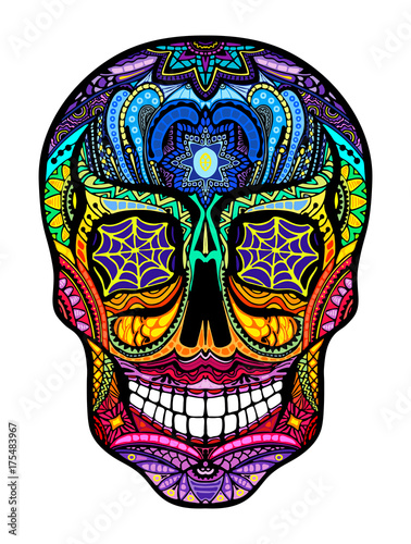 Tattoo colorful skull, black and white illustration on white background, Day of the dead symbol.