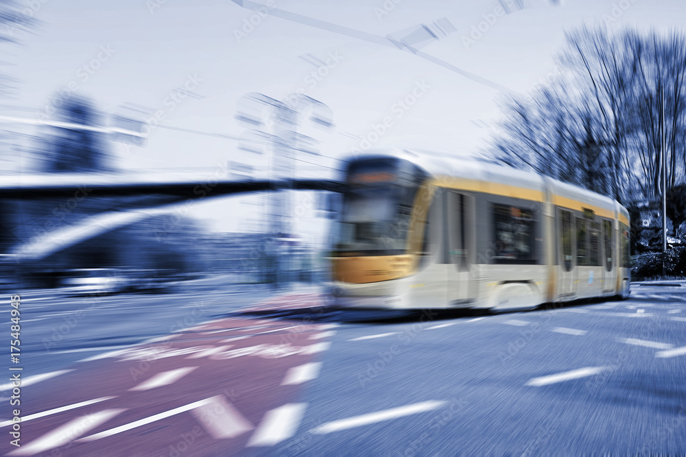 Blurred movement of a New type of Brussels tram