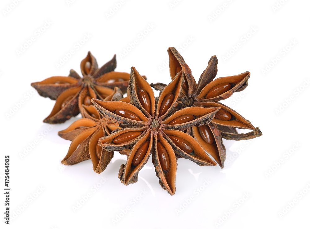 Star anise spice fruits and seeds isolated on white background Star anise spice fruits and seeds isolated on white background