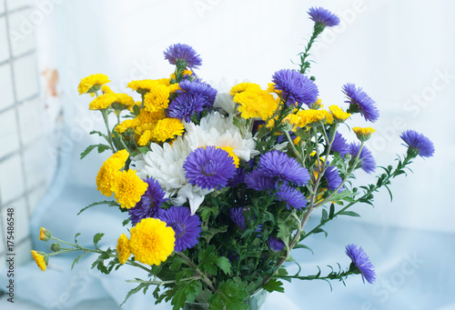 Fototapeta Naklejka Na Ścianę i Meble -  Bouquet of white, yellow and blue chrysanthemums isolated on the white background