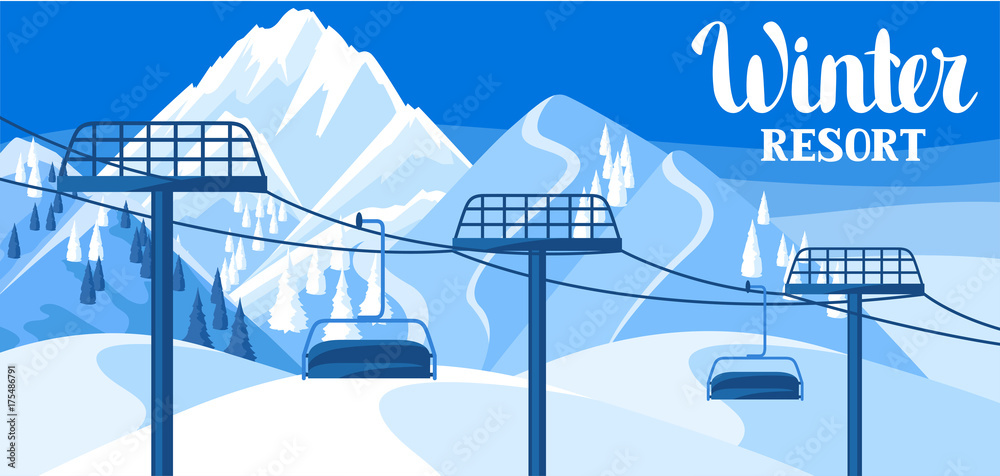 Winter resort illustration. Beautiful landscape with rope way, snowy mountains and fir forest