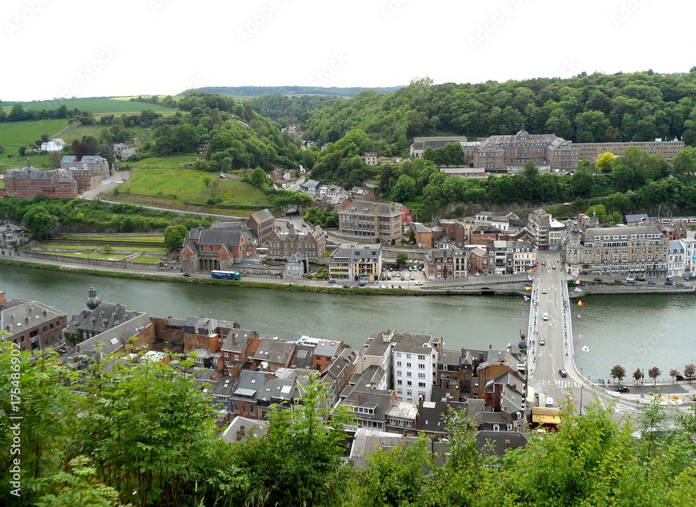Aerial view of Charles de Gaulle bridge and beautiful townscape of Dinant as seen from Citadel of Dinant, Wallonia Region, Belgium