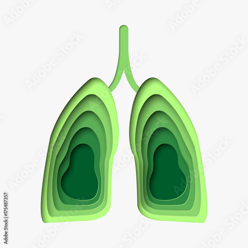 Green lungs in paper craft style. 3d abstract paper cut illustration. Vector template in carving art style.
