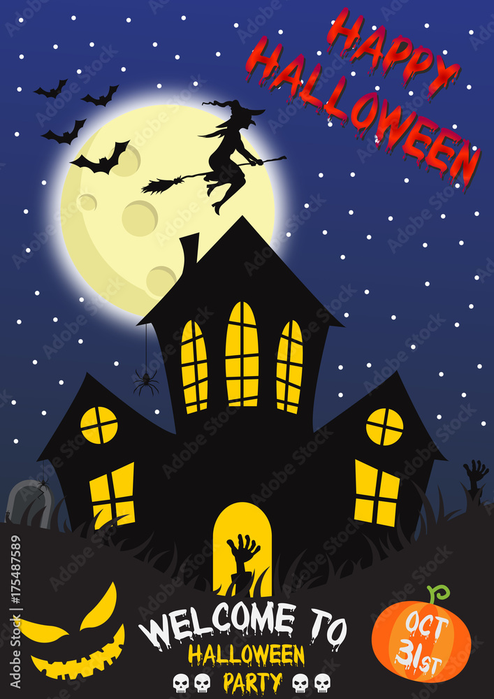 Happy Halloween Poster. Vector illustration, Scary Party Design Template, Spooky vertical background.