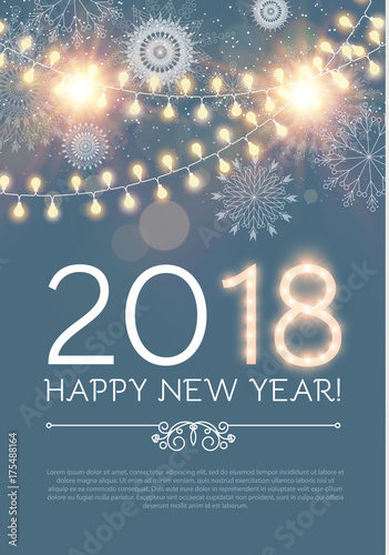 Happy New Year poster and flyer template. Lights, snowflakes and fireworks design. Vector illustration