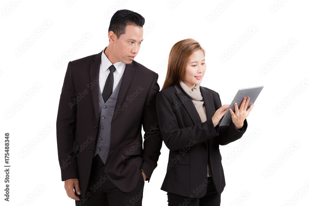 Business people looking to tablet on isolated background. Business people looking to tablet on isolated background.