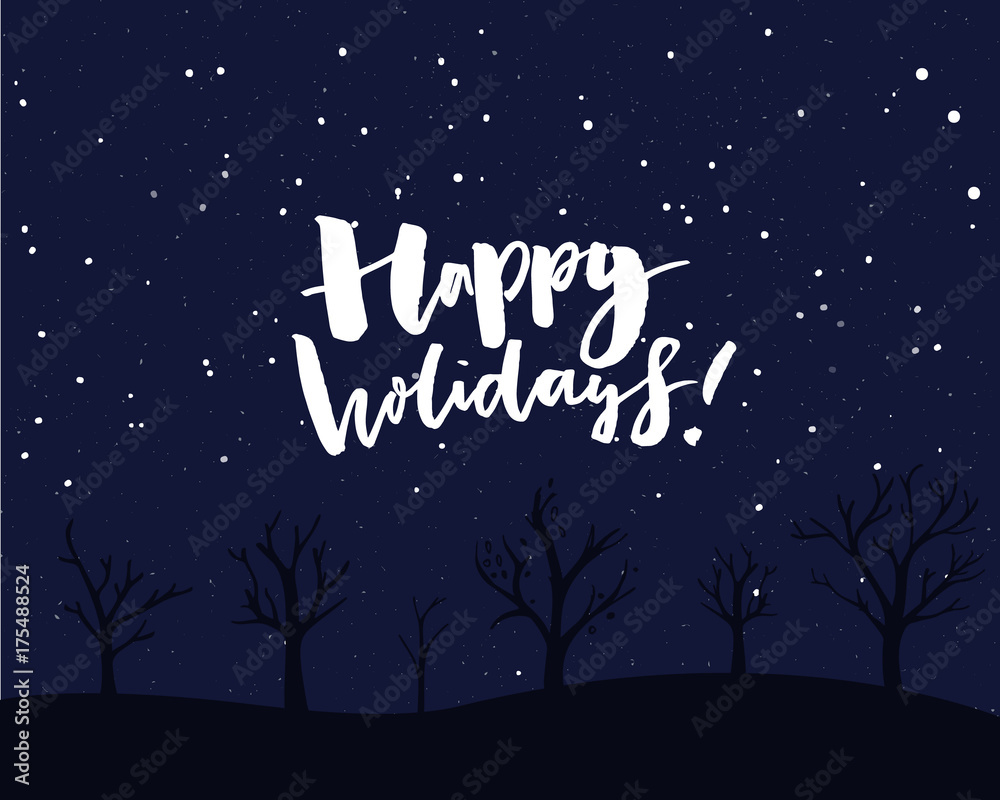 Happy holidays card design. Night sky with falling snow and trees. Happy holidays card design. Night sky with falling snow and trees.