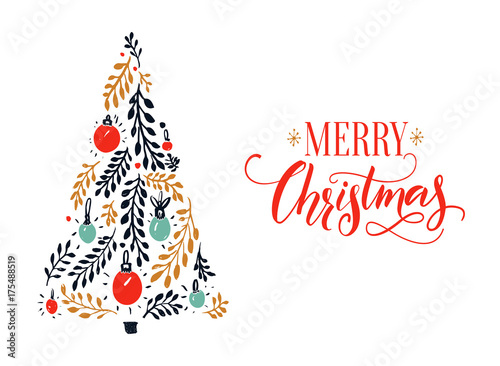 Merry Christmas card design with red calligraphy caption and hand drawn spruce tree.