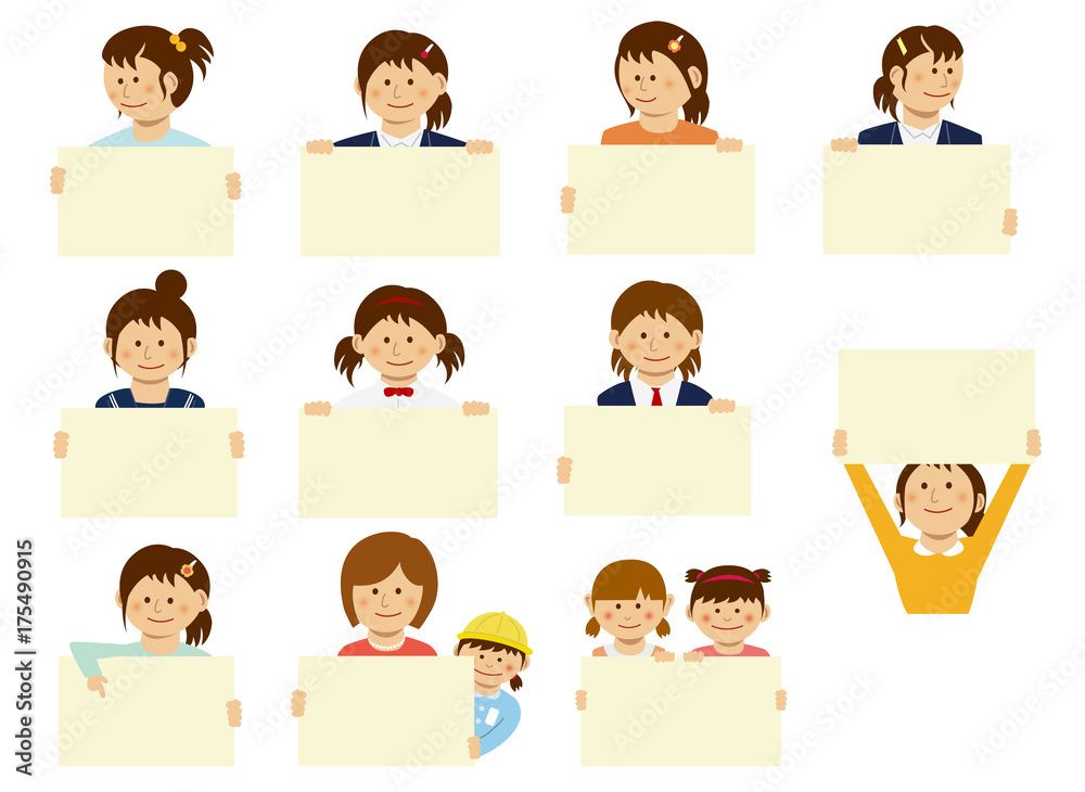 Women holding a paper Board (placard) illustration set Women holding a paper Board (placard) illustration set