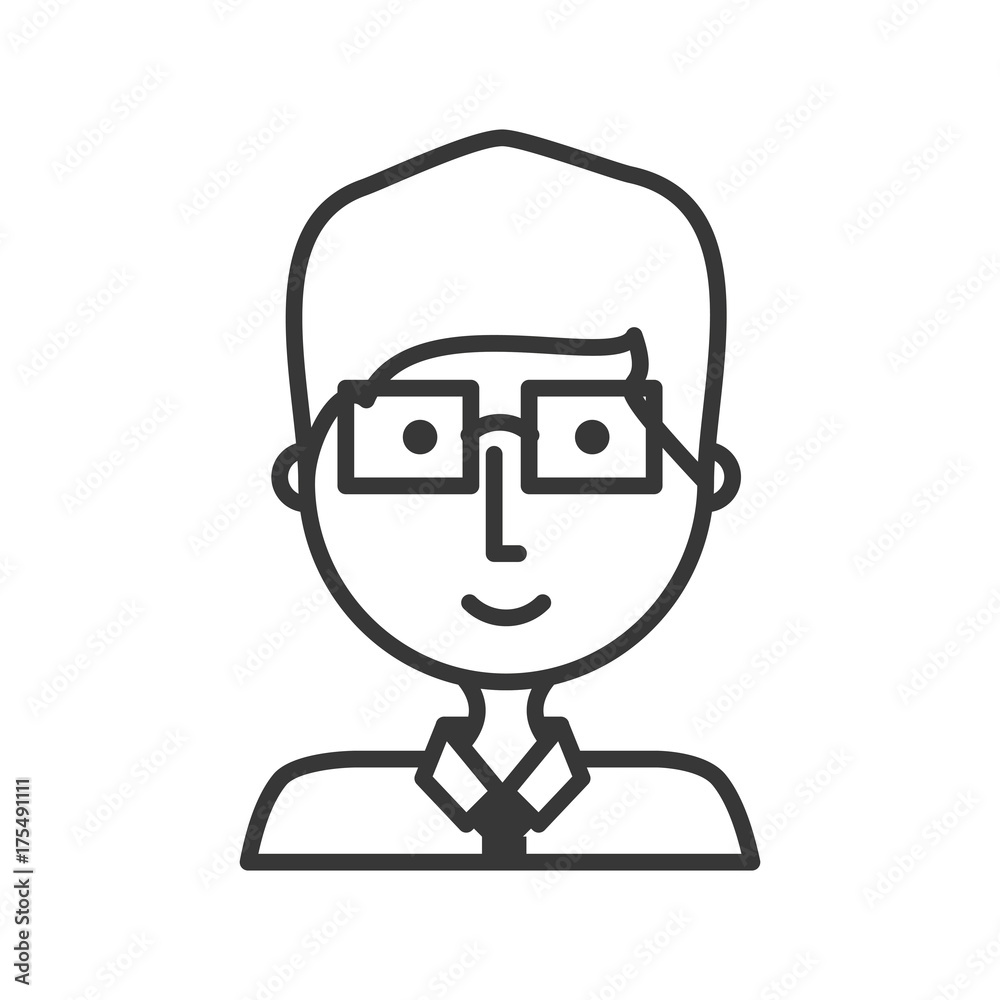flat line uncolored boy with glasses  over white  background  vector illustration