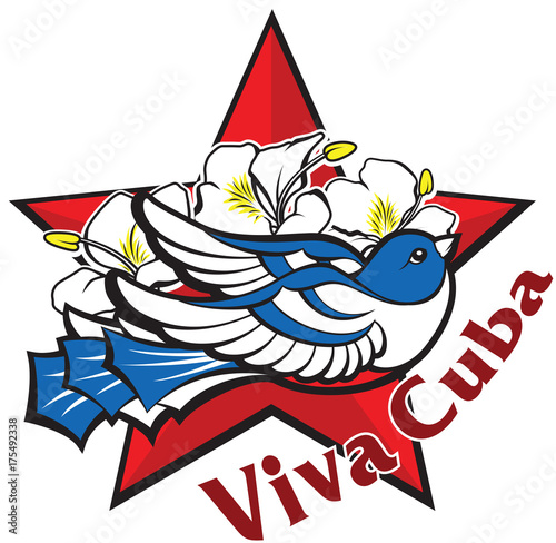 Freedom and liberty symbol - blue cuban bird  red star  flowers. Icon logo with inscription Viva Cuba.