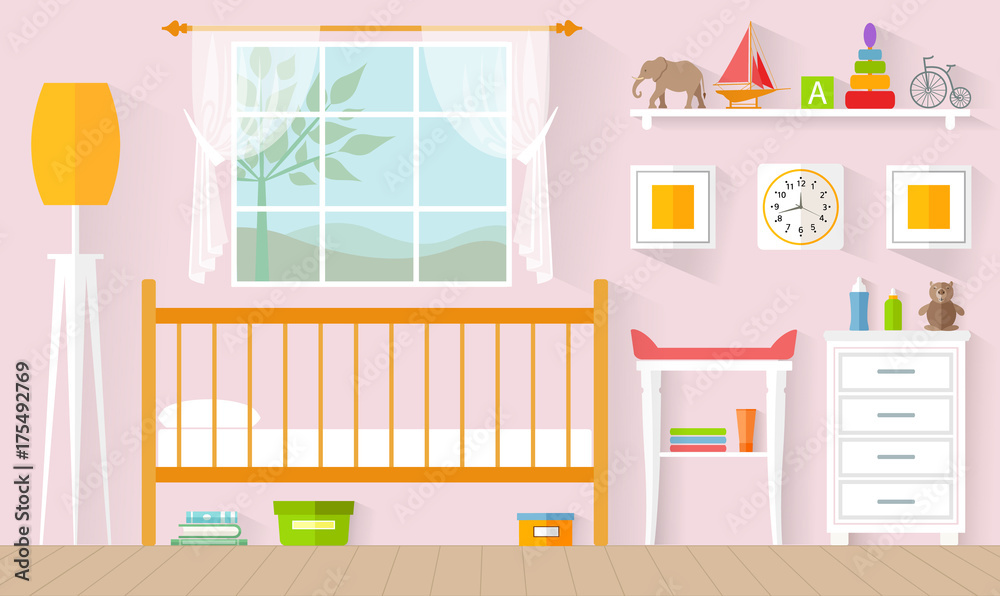 Children's room for a girl. Vector illustration in a flat style. The concept of the interior of the nursery. Children's room for a girl. Vector illustration in a flat style. The concept of the interior of the nursery.