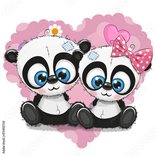 Fototapeta Naklejka Na Ścianę i Meble -  Cute Cartoon Pandas on a background of heart