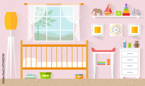 Children's room for a girl. Vector illustration in a flat style. The concept of the interior of the nursery. © Ansty art