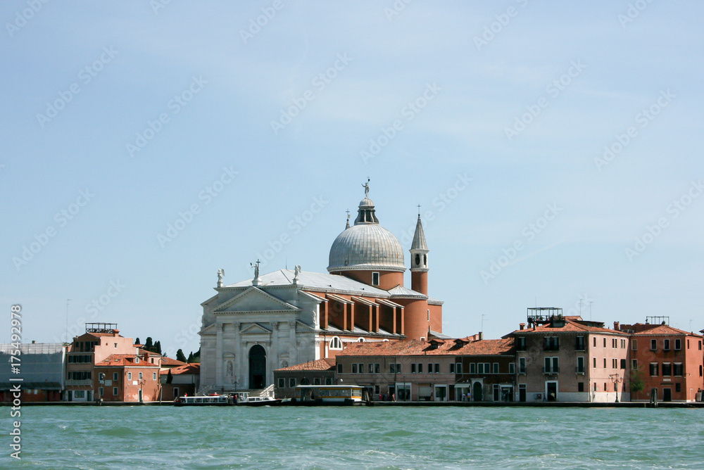Venice  Italy:  Water taxis and other boats are sailing along the Grand Canal in Venice. Motor boats are the main transport in Venice.