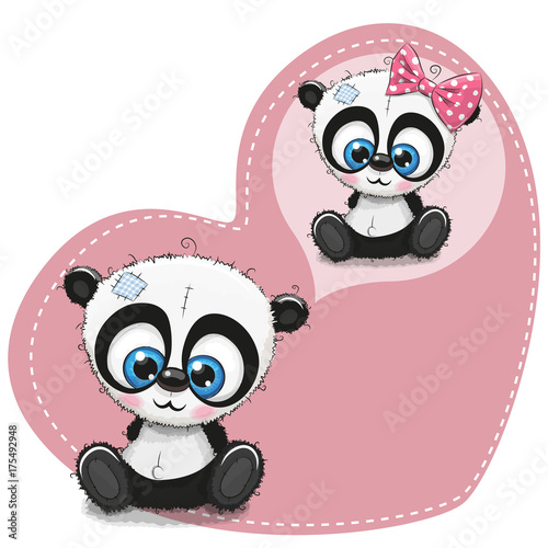 Fototapeta Naklejka Na Ścianę i Meble -  Cute Cartoon Pandas on a background of heart