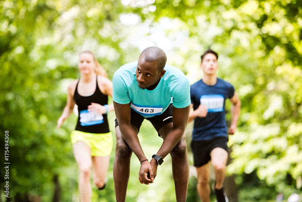 Group of young athletes running a race in green sunny park.