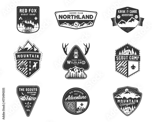 Traveling, outdoor badge collection. Scout camp emblem set. Vintage hand drawn design. Black, monochrome design. Stock vector illustration, insignias, rustic patches. Isolated on white background