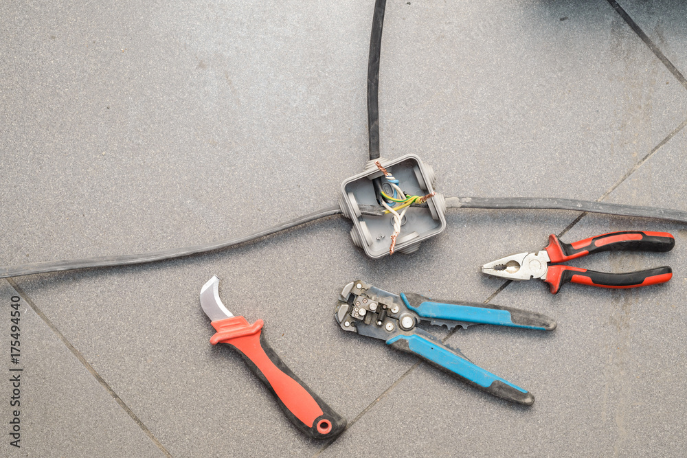 Electrical wire connections in a box with tools Electrical wire connections in a box with tools