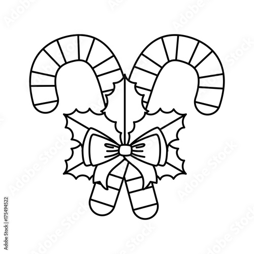 merry christmas canes with bow and leafs vector illustration design