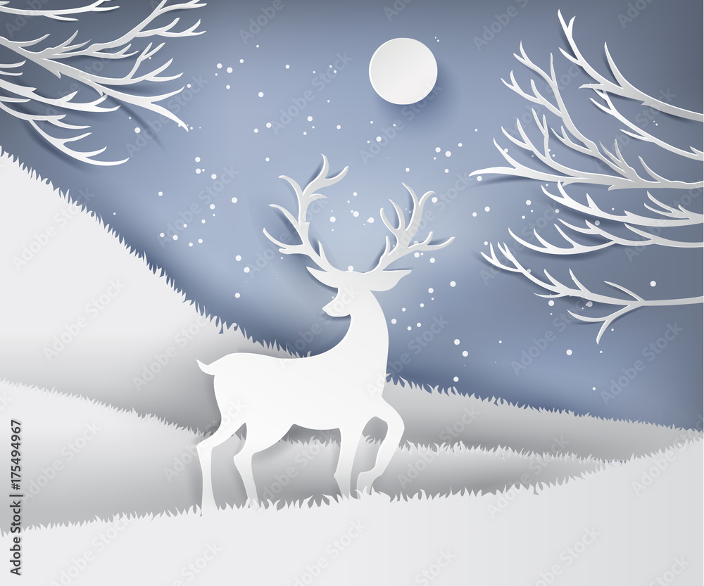 paper art landscape of Christmas and happy new year with tree and reindeer design. vector illustration