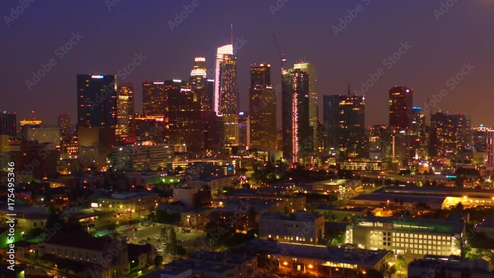 Down Town buildings Los Angeles California Sun set boom up and pull up Aerial view Down Town buildings Los Angeles California Sun set boom up and pull up Aerial view