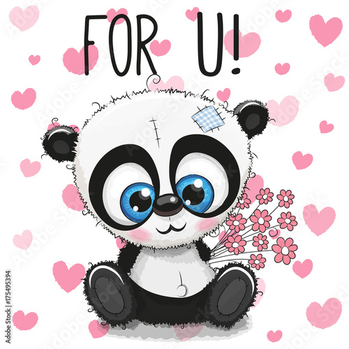 Fototapeta Naklejka Na Ścianę i Meble -  Valentine card Cute Cartoon Panda with flowers