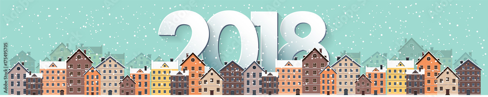 Winter urban landscape. City with snow. Christmas and new year. Cityscape. Buildings.2018.Vector illustration.