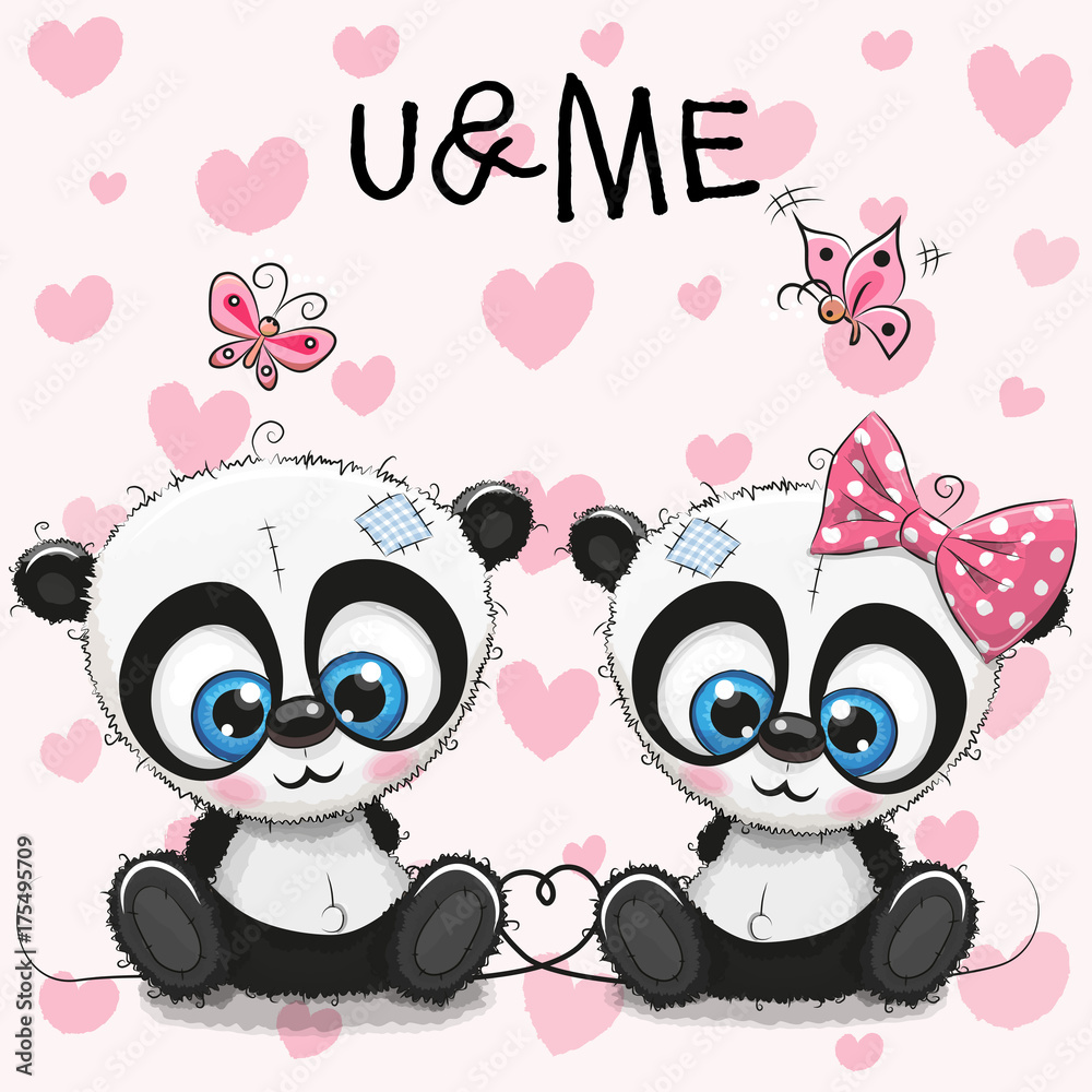 Obraz premium Two cute Pandas on a hearts background
